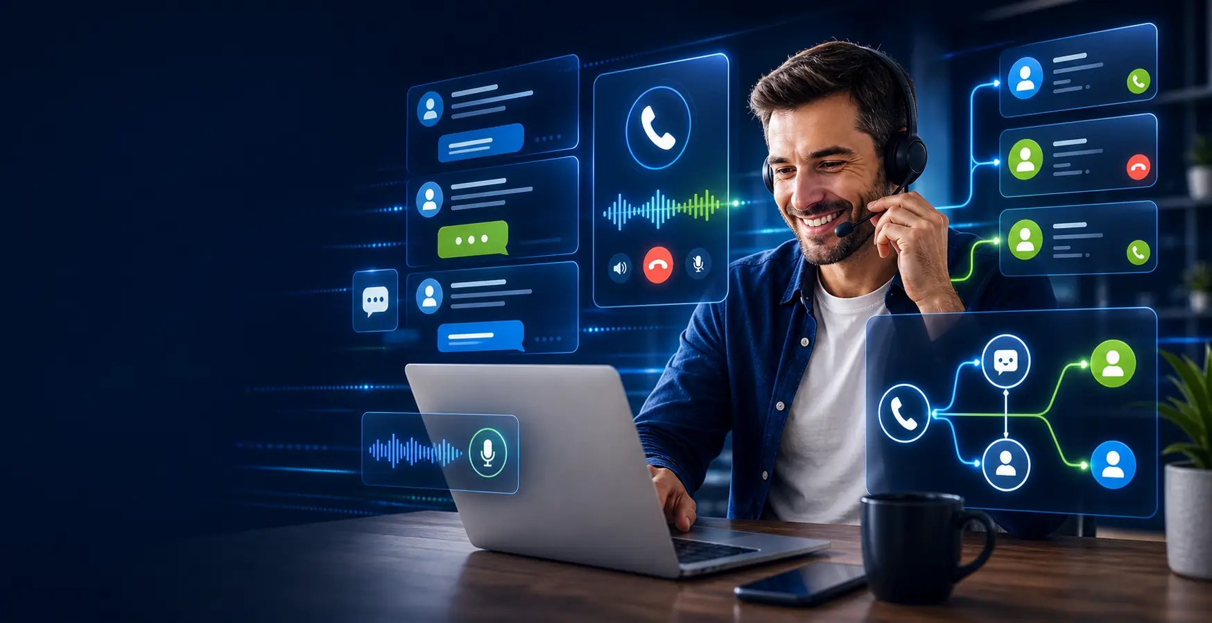 AI communications dashboard with chat and phone routing