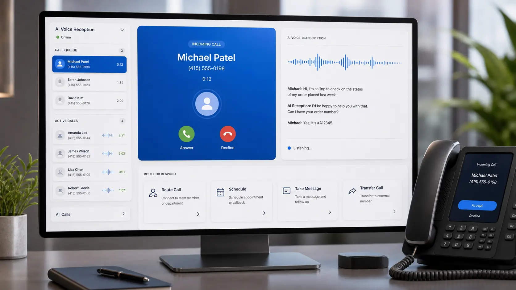 AI voice reception screen with live calls and routing controls