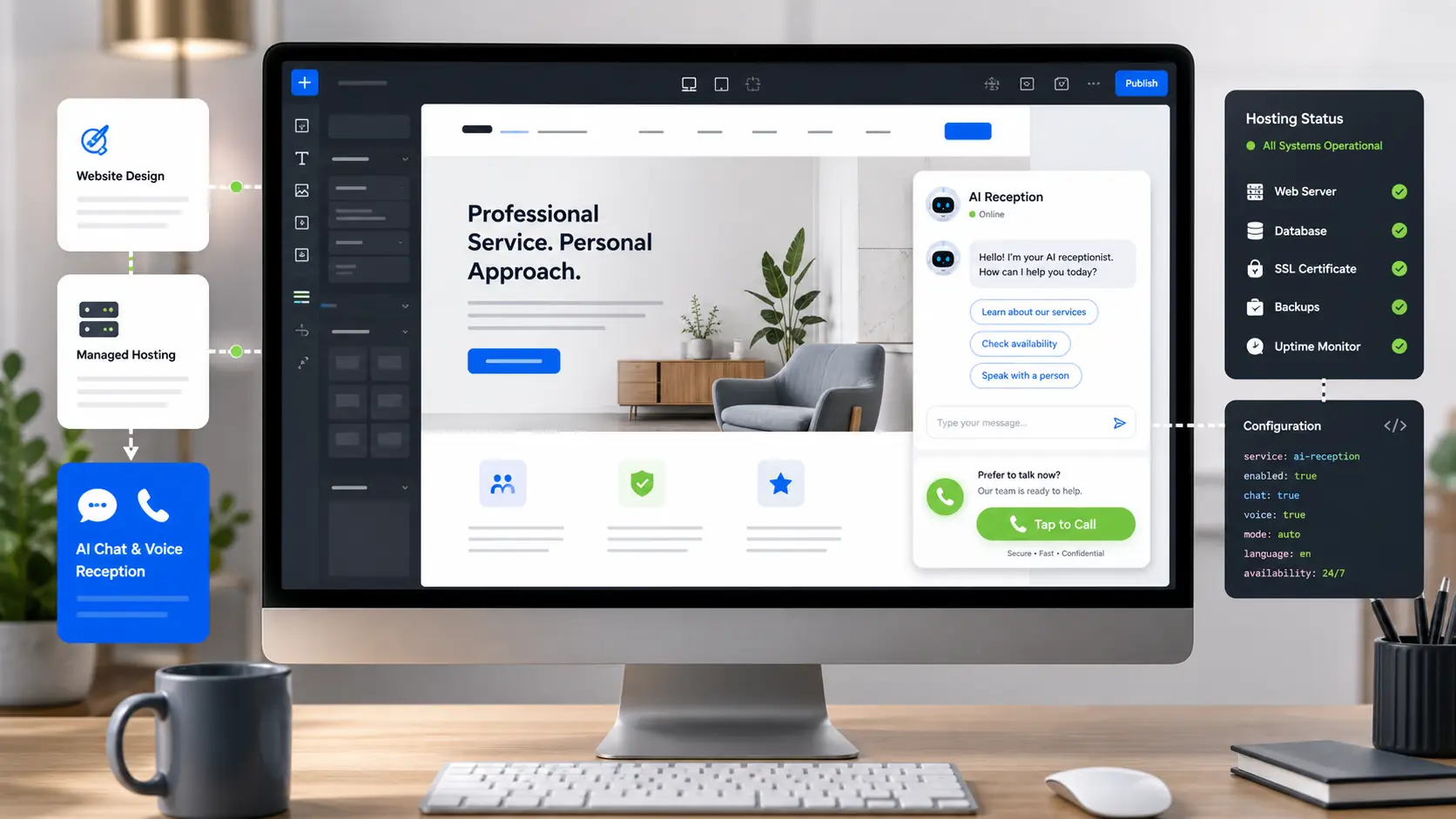 Website editor with AI chat and voice reception embedded