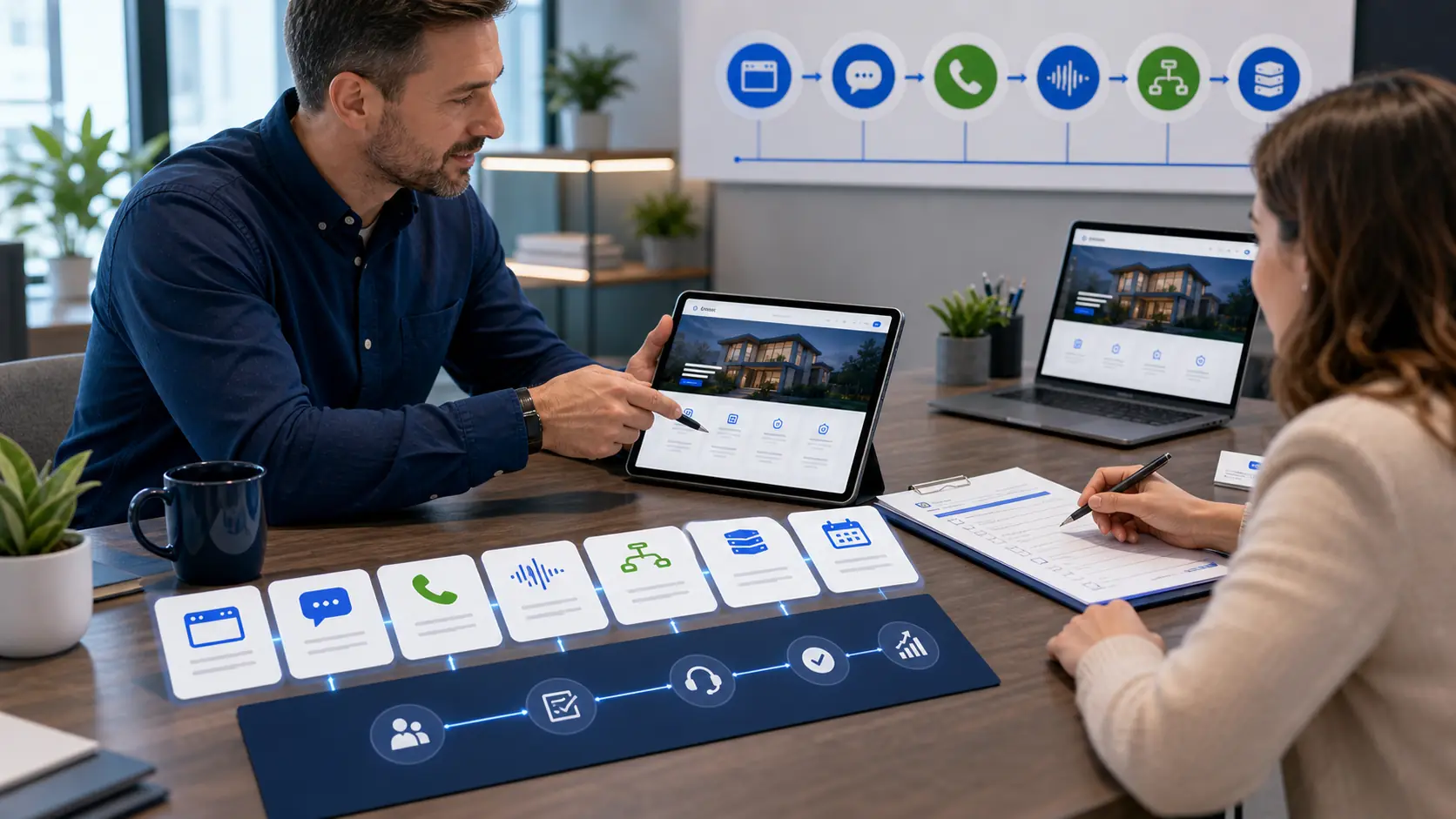 A business owner reviewing AI chat and phone reception setup for a service website