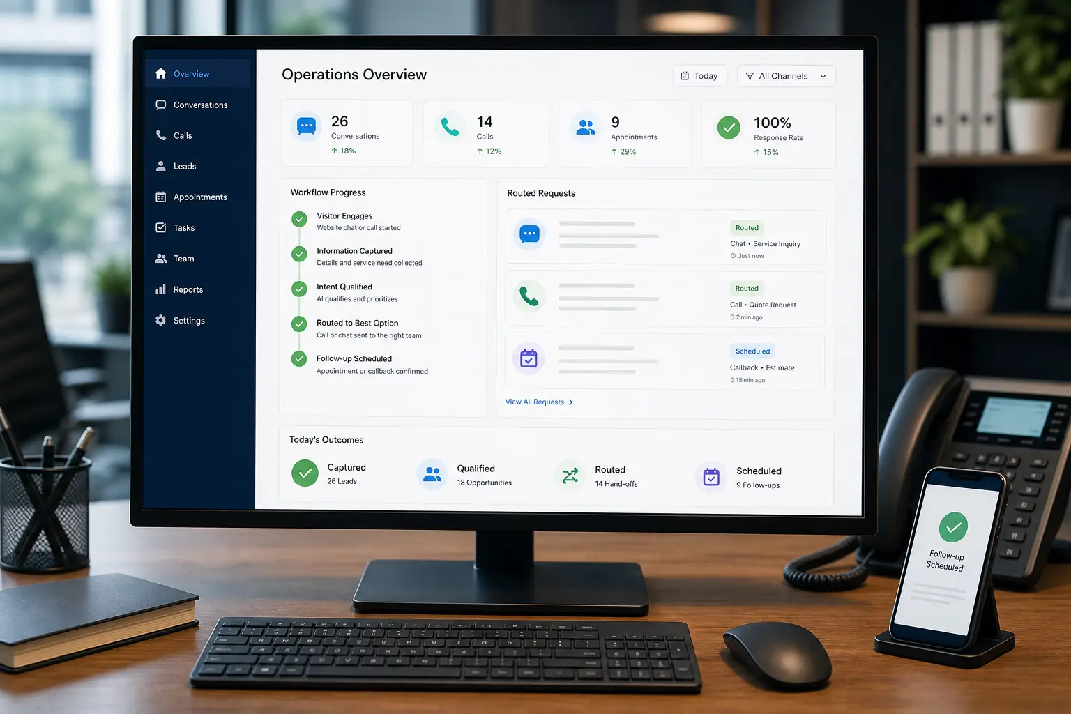 Aitele launch checklist and growth report showing SSL, forms, chat, voice reception, SEO, analytics, bookings, calls, and chats active