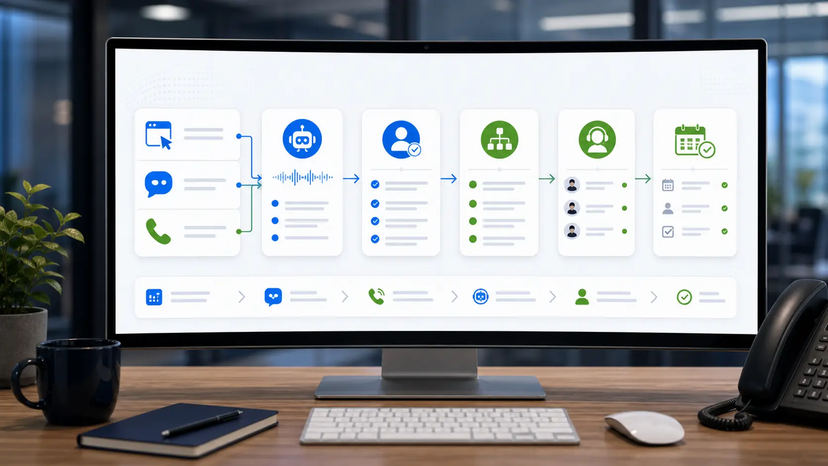 Website chat, call, and form leads moving through a routing workflow