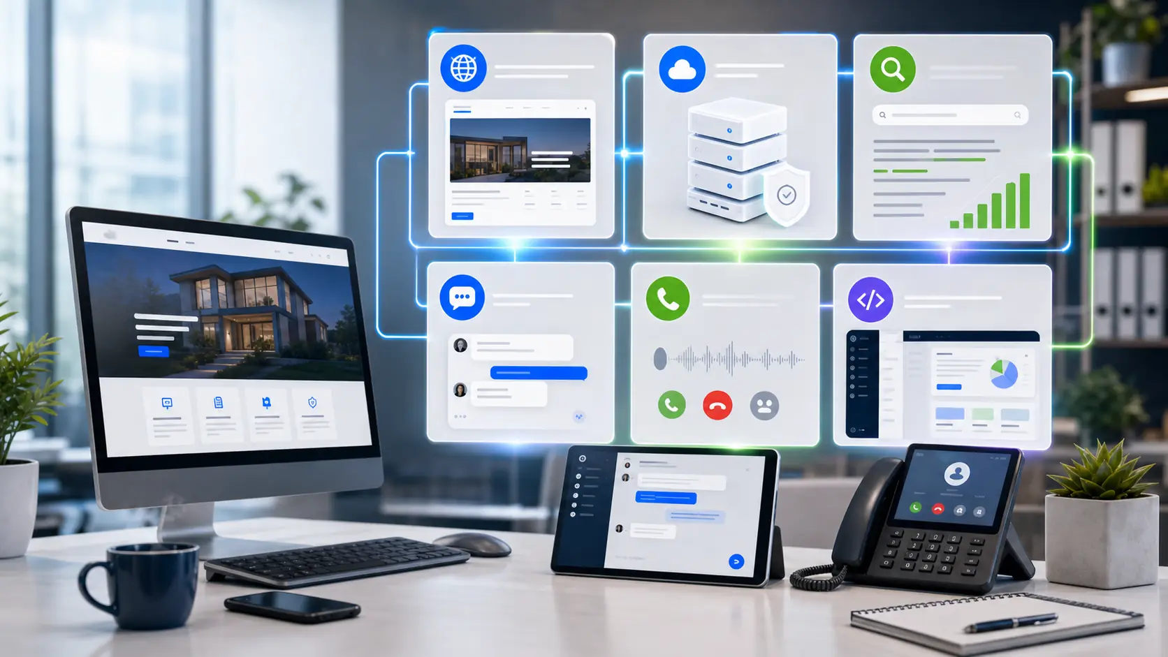 Aitele product suite modules for website, hosting, SEO, chat, voice, and software