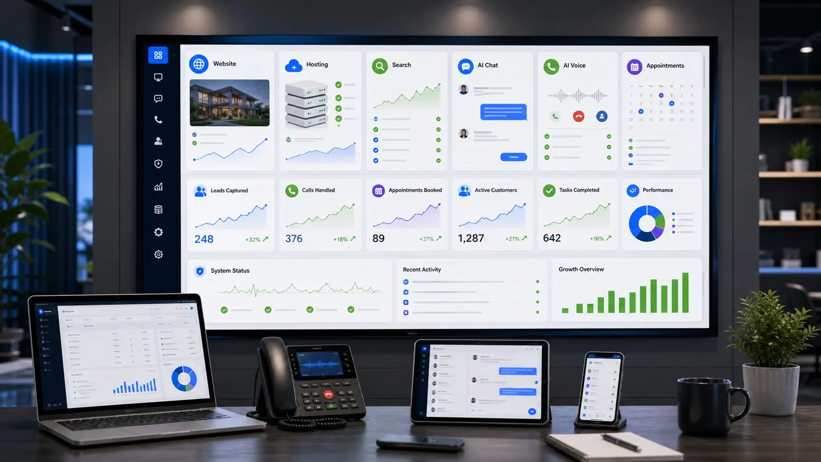 Aitele product modules connected to leads, calls, chats, bookings, customers, website status, hosting status, SEO performance, and reporting