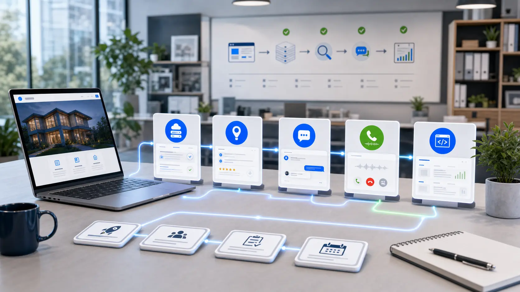 Aitele service cards for web design, hosting, SEO, AI chatbots, AI voice reception, and custom business software on a bright workspace