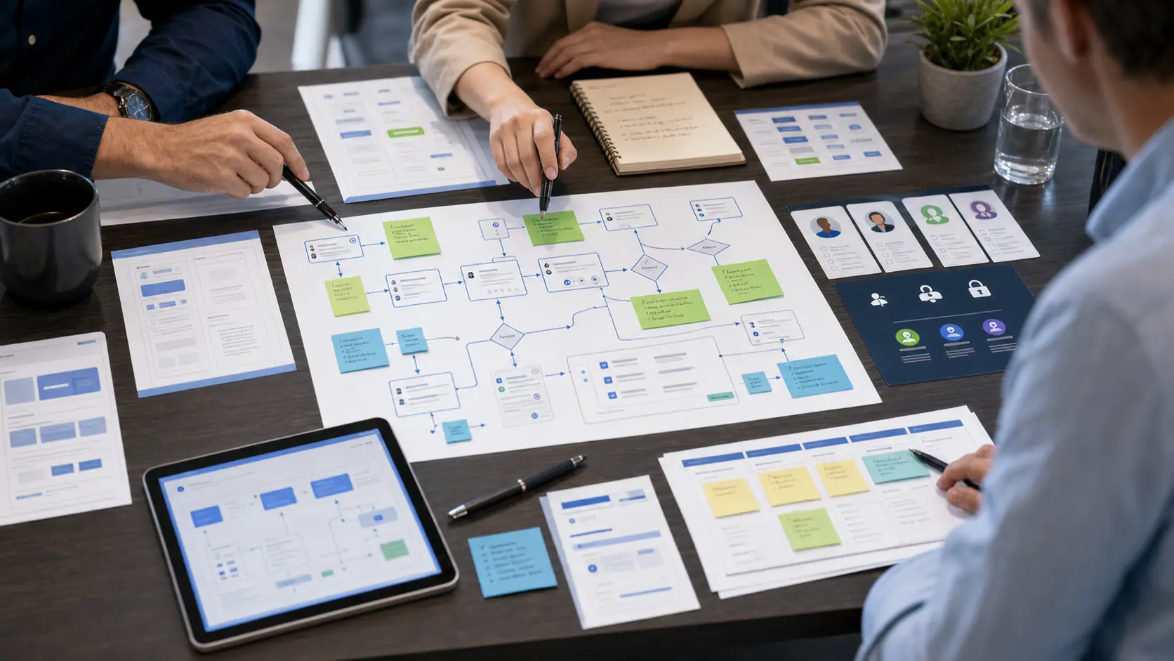 Aitele strategist and business owner reviewing workflow automation, intake forms, project status, and admin dashboard planning